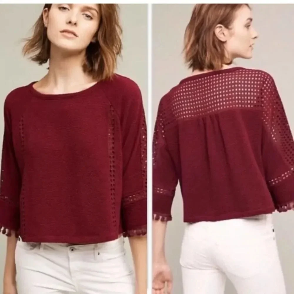 ANTHRO Saturday/Sunday Maroon Tassel Knit Top Long Sleeve Small